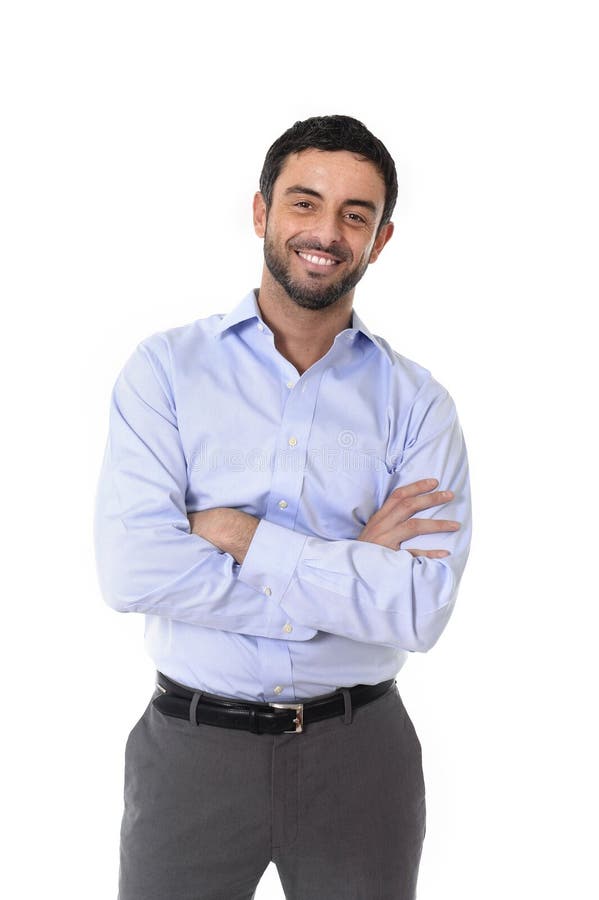 Tânăr om de afaceri atractiv care se află în portretul corporativ izolat pe fond alb royalty free stock image