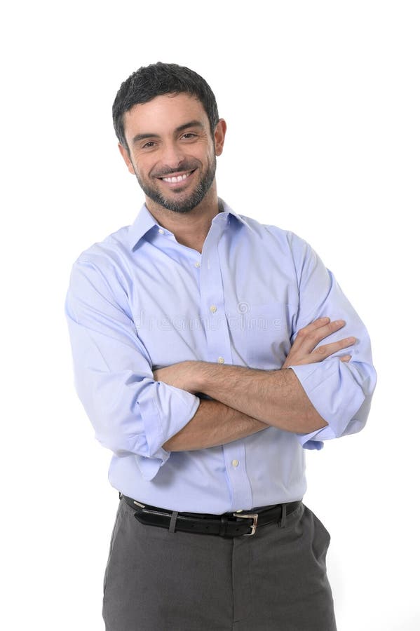 Tânăr om de afaceri atractiv care se află în portretul corporativ izolat pe fond alb royalty free stock images