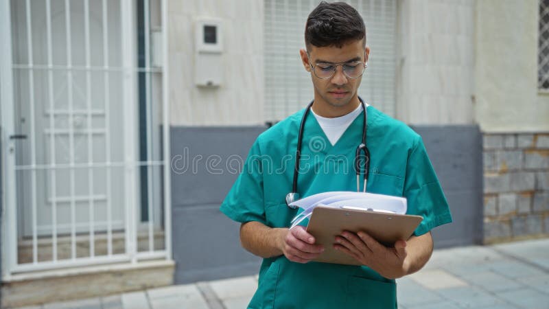 Tânăr purtând scrub medical și stetoscop revizuirea documentelor pe stradă concentrat și profesionist în mediul urban în aer liber stock images