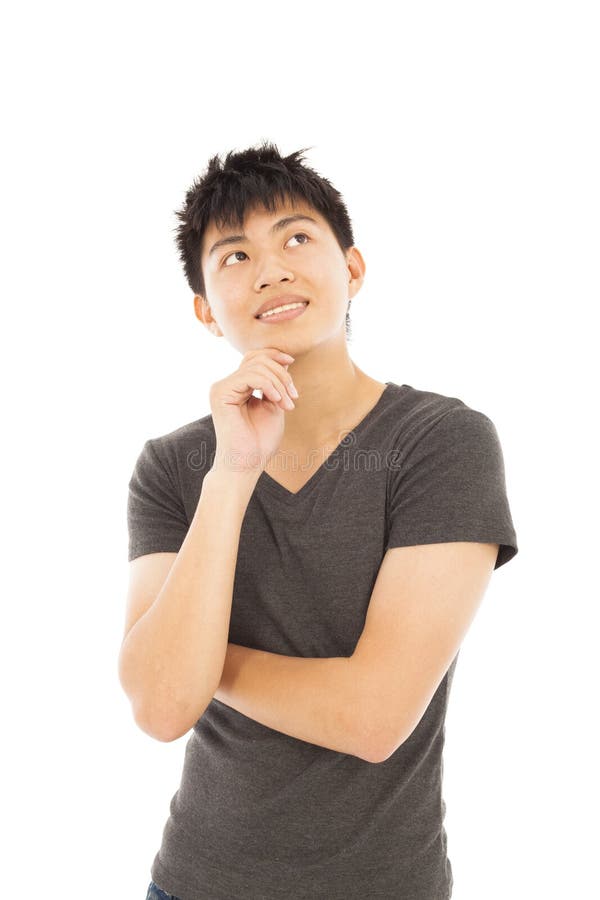 Tânăr zâmbitor care gândește la un alb royalty free stock image