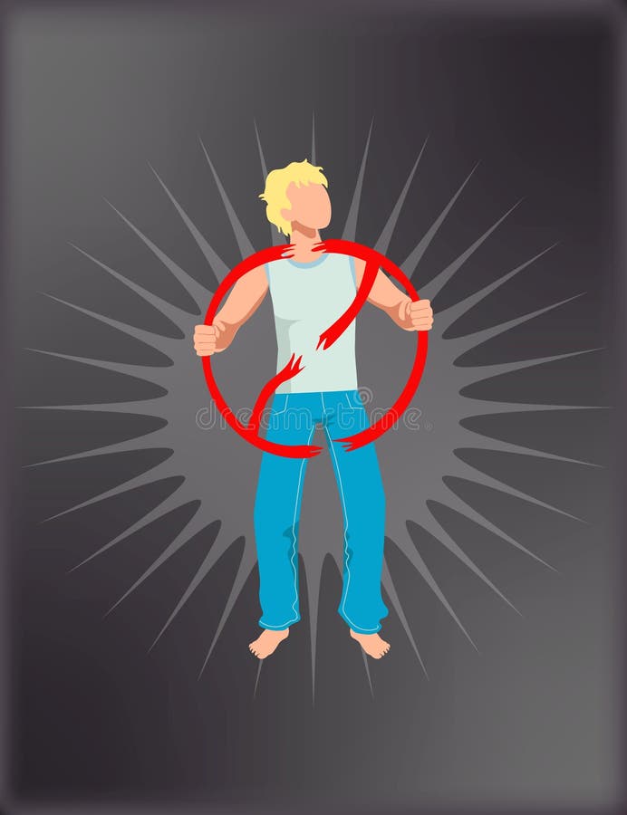 Tânăr îmbrăcat în blugi albaștri, protestează singur, rupându-și semnul roșu de interdicție. student tânăr rebel editabil pentru royalty free illustration