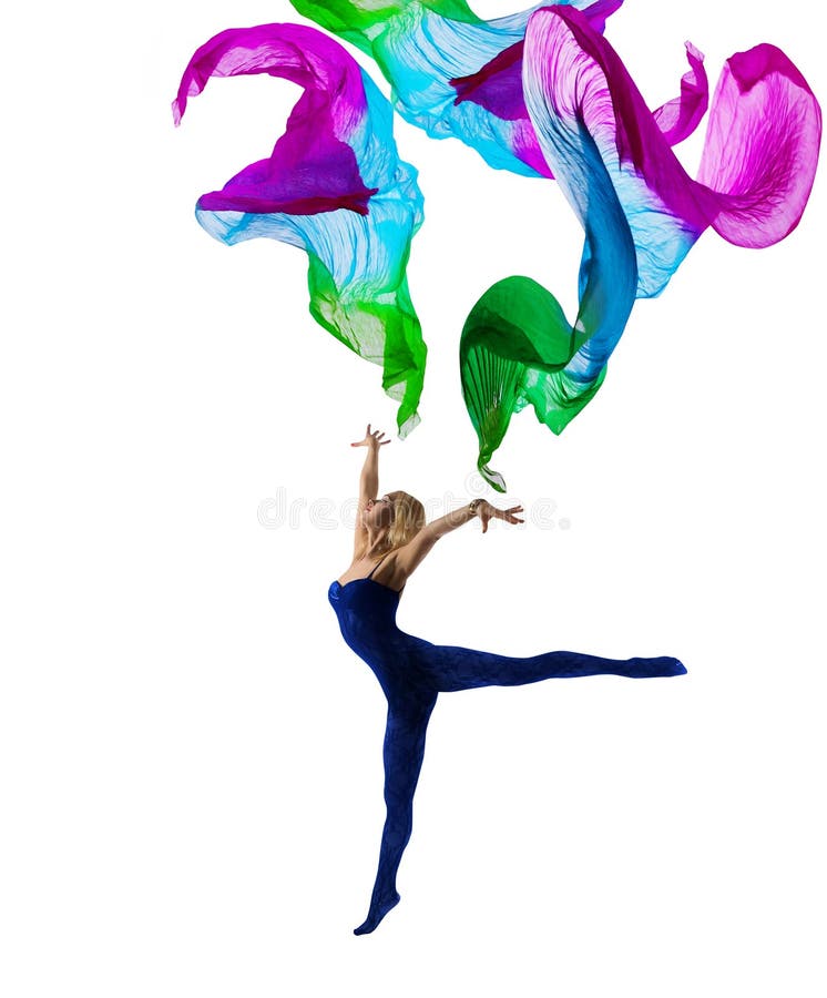 Tänzer-Woman Gymnastic Flying-Stoff, Mädchen-Turner auf Weiß