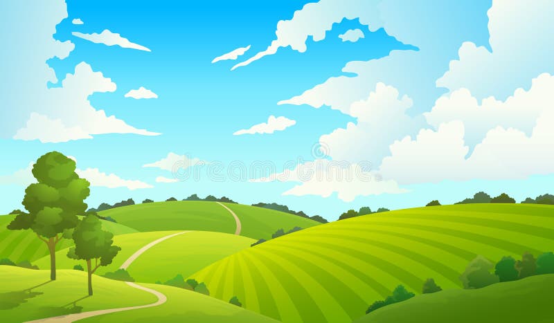 Summer field landscape. Nature hills fields blue sky clouds sun countryside. Green tree and grass rural land. Cartoon vector. Summer field landscape. Nature hills fields blue sky clouds sun countryside. Green tree and grass rural land. Cartoon vector