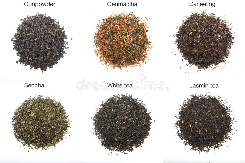 Teas shot in studio. from left above to right below: gunpowder tea (green tea), genmaicha tea (rice tea, green tea), darjeeling tea (black tea), sencha tea (green tea), white tea, jasmine tea. Teas shot in studio. from left above to right below: gunpowder tea (green tea), genmaicha tea (rice tea, green tea), darjeeling tea (black tea), sencha tea (green tea), white tea, jasmine tea