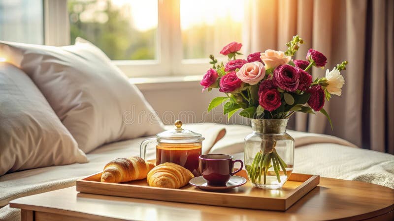 Tè e pasticcini aromatici al mattino serviti su un vassoio accanto a un letto con fiori freschi. Generative AI illustrazione vettoriale