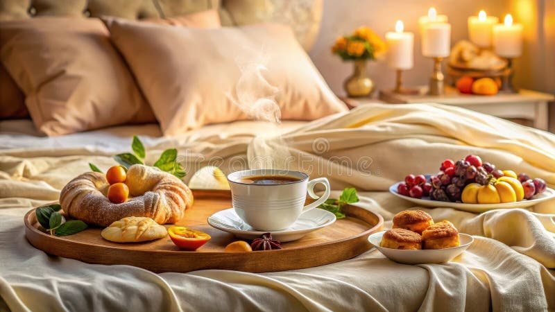 Tè mattutino aromatico e pasticcini serviti su un vassoio di legno in una camera accogliente. illustrazione vettoriale