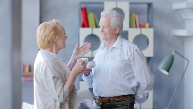 Té de consumición de los viejos pares cariñosos felices y el hablar a través de uno a