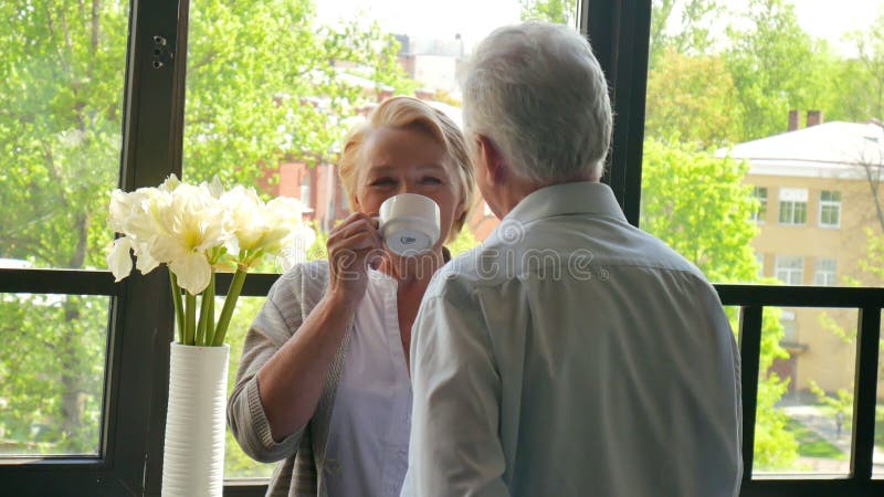 Té de consumición de los viejos pares cariñosos felices y el hablar a través de uno a