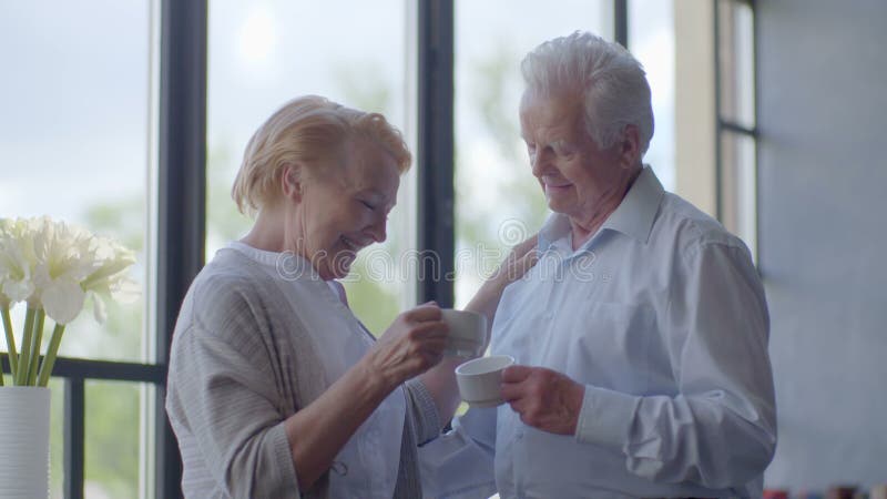 Té de consumición de los viejos pares cariñosos felices y el hablar a través de uno a