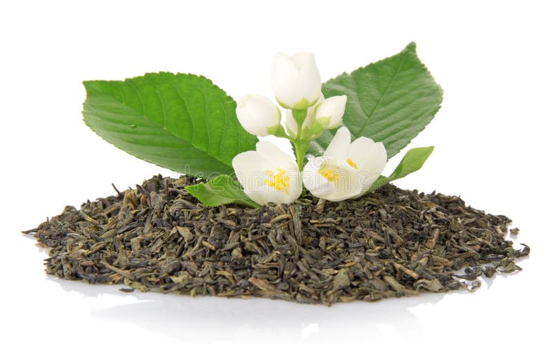 Té verde con la hoja y las flores del jazmín fotos de archivo Té verde con la hoja y las flores del jazmín fotos de archivo