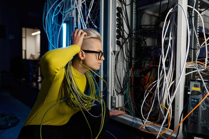 Técnico confuso de centros de datos femeninos inspeccionando sistemas y equipos informáticos fotografía de archivo libre de regalías