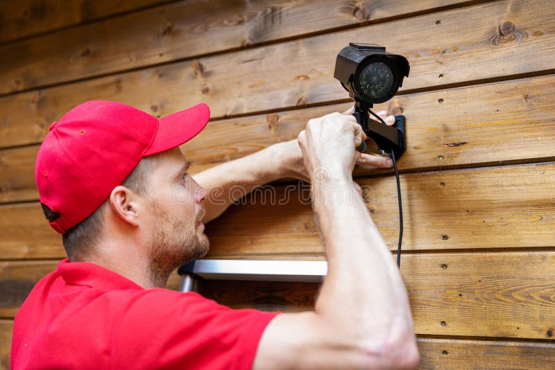 Técnico do sistema de segurança que instala a câmara de vigilância na parede de madeira da casa fotografia de stock Técnico do sistema de segurança que instala a câmara de vigilância na parede de madeira da casa fotografia de stock