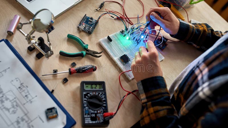 Técnico o ingeniero parcial macho conectar cables imágenes de archivo libres de regalías