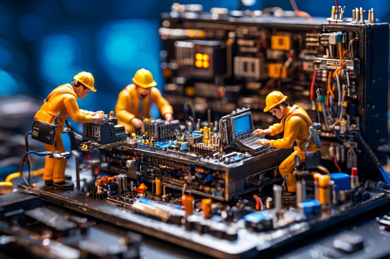 Técnicos en miniatura que trabajan en una placa de circuito de computadora o en una motherboard. concepto de soporte técnico.