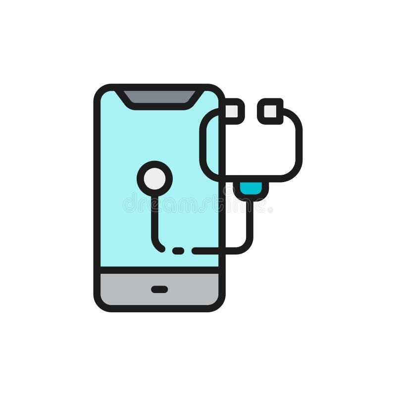 Téléphone avec stéthoscope, réparation de smarphone, médecin en ligne icône de ligne de couleur plane illustration de vecteur Téléphone avec stéthoscope, réparation de smarphone, médecin en ligne icône de ligne de couleur plane illustration de vecteur