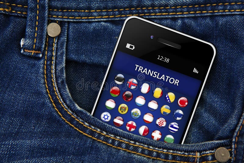 Mobile phone with language translator application in jeans trousers pocket. Mobile phone with language translator application in jeans trousers pocket