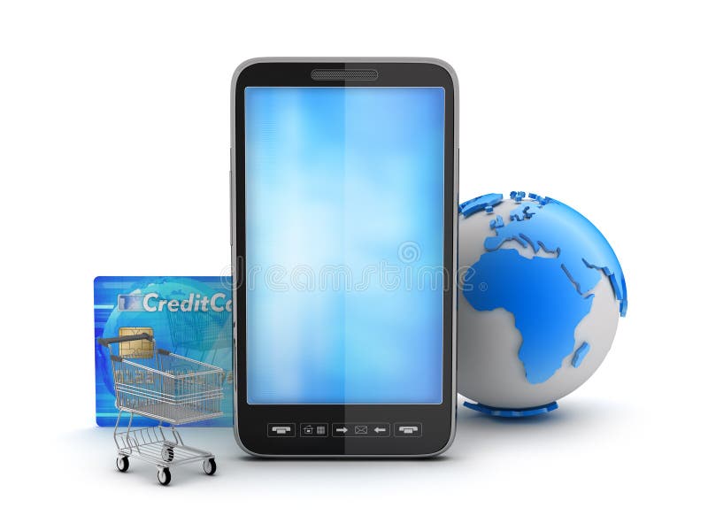 Téléphone portable, carte de crédit, caddie et globe de la terre illustration stock Téléphone portable, carte de crédit, caddie et globe de la terre illustration stock