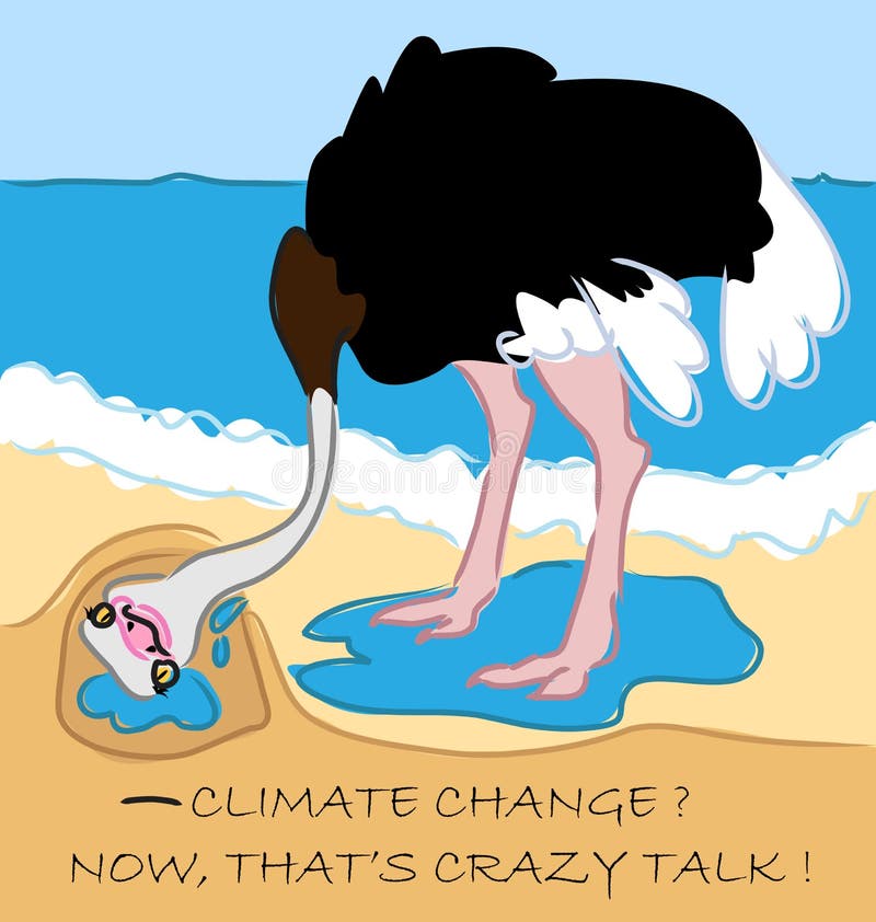 Ostrich with head in the sand denying climate changes as water comes into the hole. Ostrich with head in the sand denying climate changes as water comes into the hole