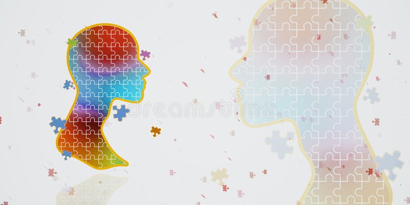 Creative colorful jigsaw head outline on wide white backdrop with mock up place. Creativity, solution and brainstorm concept. 3D Rendering. Creative colorful jigsaw head outline on wide white backdrop with mock up place. Creativity, solution and brainstorm concept. 3D Rendering