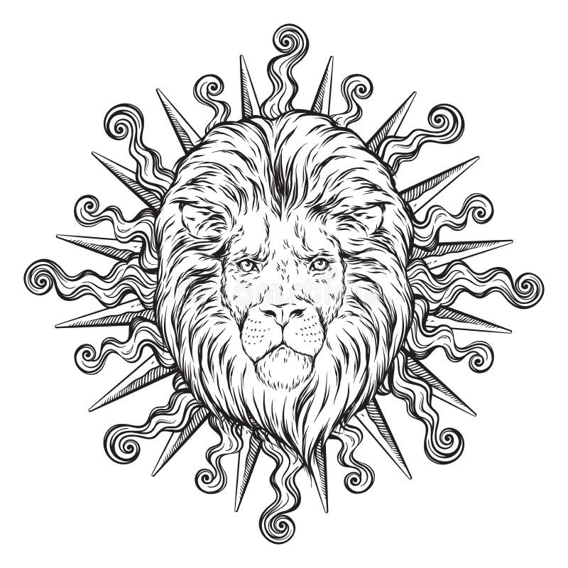 Tête tirée par la main de lion dans des rayons du soleil d'isolement au-dessus de l'illustration blanche de vecteur de fond Conce illustration de vecteur Tête tirée par la main de lion dans des rayons du soleil d'isolement au-dessus de l'illustration blanche de vecteur de fond Conce illustration de vecteur