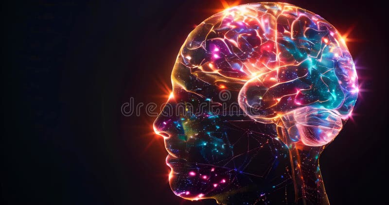 Tête transparente avec des zones cérébrales colorées sur l'obscurité montrant l'esprit complexité concept illustration libre de droits