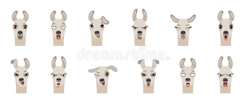 Têtes de lama avec différentes émotions - souriant, tristes, colère, agression, somnolence, fatigue, méchanceté, surprise, craint illustration stock Têtes de lama avec différentes émotions - souriant, tristes, colère, agression, somnolence, fatigue, méchanceté, surprise, craint illustration stock