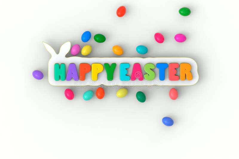 título feliz de Pascua de la representación 3d, con el conejo y los huevos multicolores en el fondo blanco libre illustration título feliz de Pascua de la representación 3d, con el conejo y los huevos multicolores en el fondo blanco libre illustration