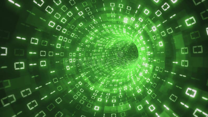 Túnel AI verde de alta velocidad 4k Datos binarios brillantes 3d Fondo de movimiento de bucle libre illustration