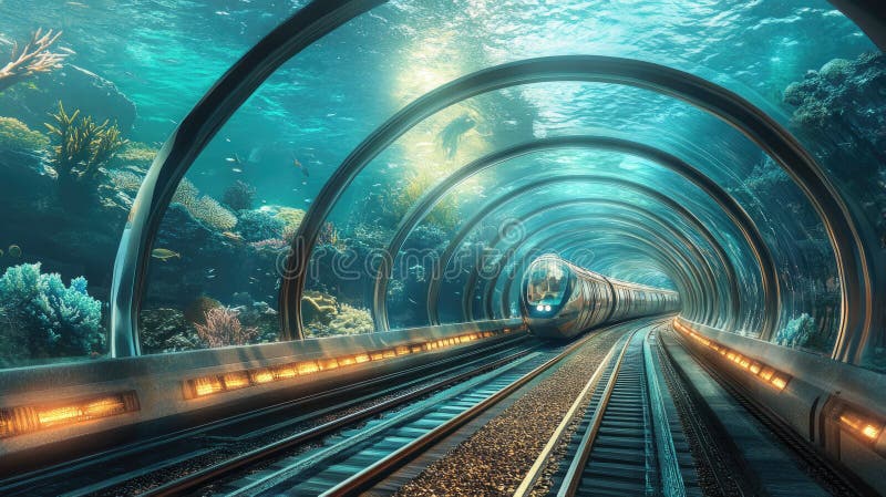 Túnel de trem futurista submarino com vida marinha e corais vibrantes ilustração royalty free