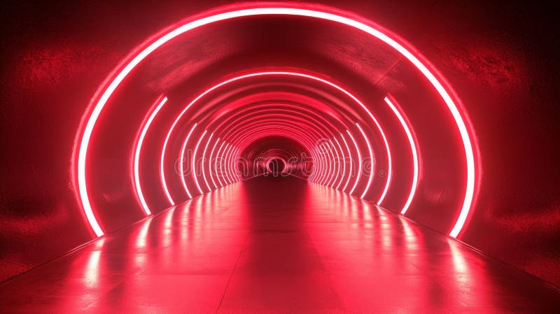 Túnel futurista rojo neón con luces brillantes y espacio para texto para inspiración de diseño stock de ilustración