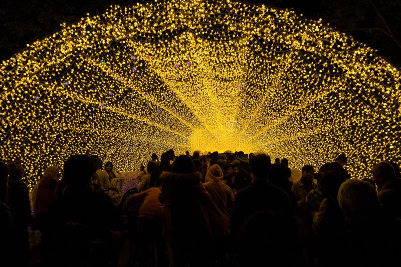 Túnel leve em Nabana nenhuma iluminação do inverno de sato, Japão fotografia de stock Túnel leve em Nabana nenhuma iluminação do inverno de sato, Japão fotografia de stock