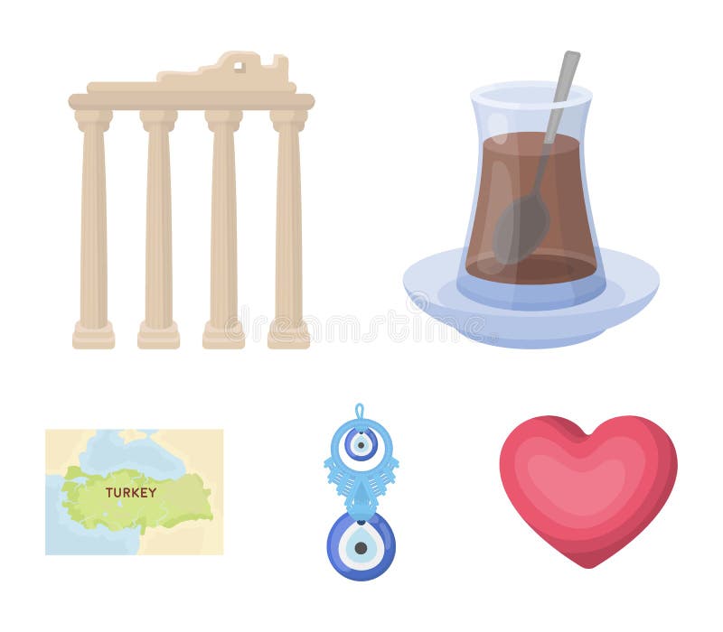 Türkischer Tee, Amulett, Ruinen des Altertums, Karte des Gebiets Gesetzte Sammlungsikonen der Türkei im Karikaturartvektor lizenzfreie abbildung Türkischer Tee, Amulett, Ruinen des Altertums, Karte des Gebiets Gesetzte Sammlungsikonen der Türkei im Karikaturartvektor lizenzfreie abbildung