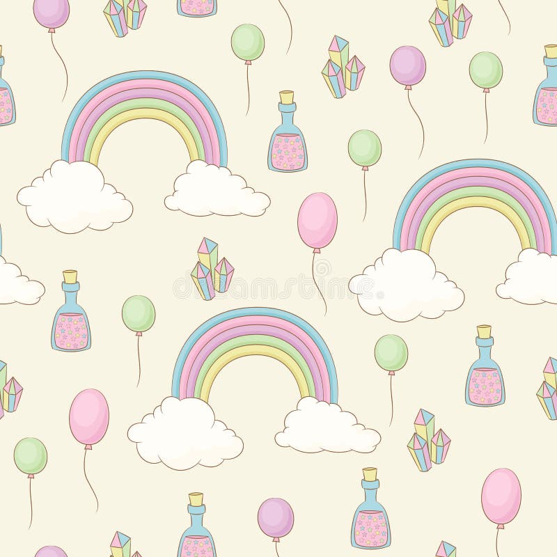 Tęcza, balony, czarodziejski pył i kryształu bezszwowy wzór, ilustracji Tęcza, balony, czarodziejski pył i kryształu bezszwowy wzór, ilustracji