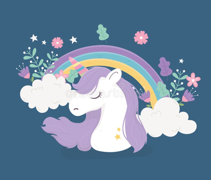 Tęczowe chmury jednorożca kwiaty fantazja magiczny słodki rysunek ilustracja wektor