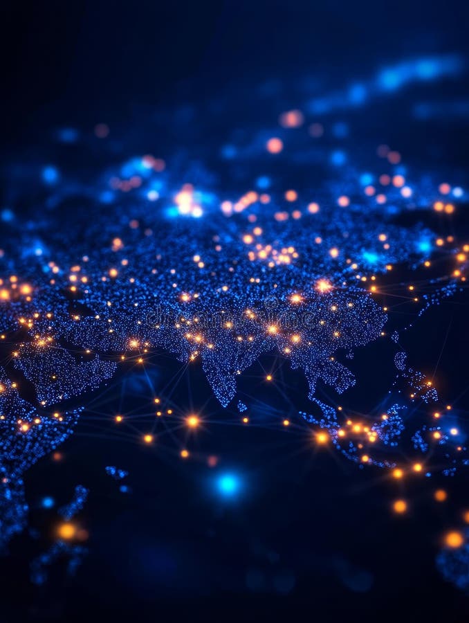 Tętniąca życiem mapa świata z błyszczącymi węzłami reprezentującymi wzajemne połączenia symbolizujące globalny przepływ danych kom ilustracja wektor