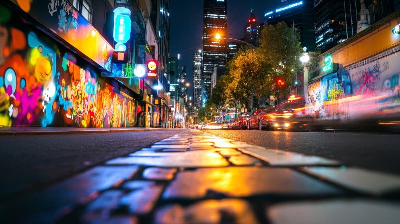 Tętniąca życiem scena sztuki ulicznej miejska scena nocna kolorowe graffiti uliczne żywe kolory streetlights symbolizujące ilustracji