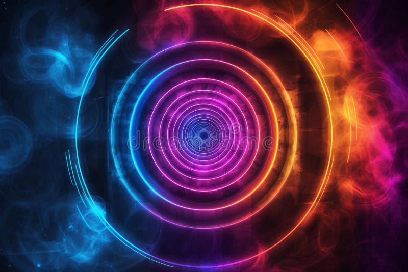 Tętniące życiem schematy okręgów neonowych w hipnotycznym projekcie wirowym na ciemnym tle ilustracja wektor
