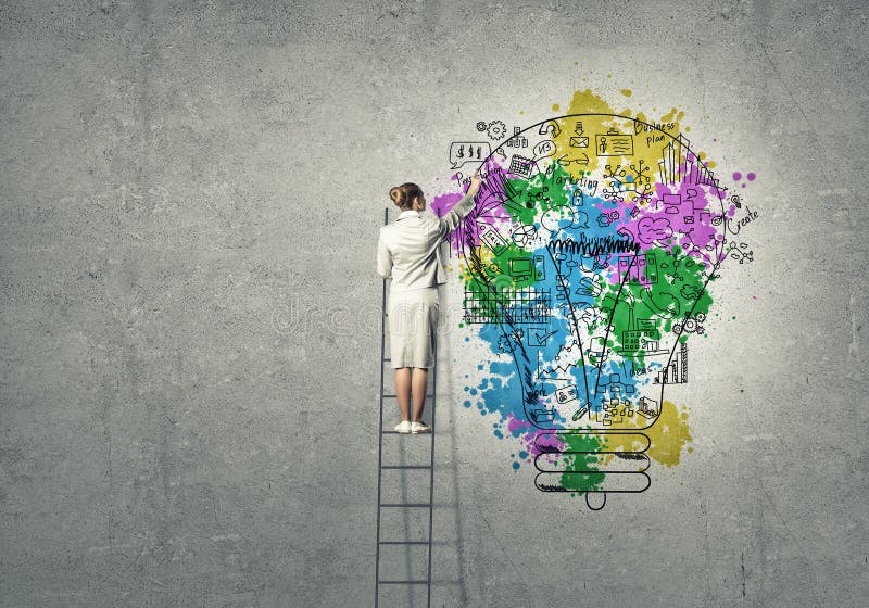 Tła brainstorming biznesowy bizneswomanu leek target1104_0_ target1105_0_ wysokiego główkowanie w górę wzroku target1110_0_ biel fotografia stock