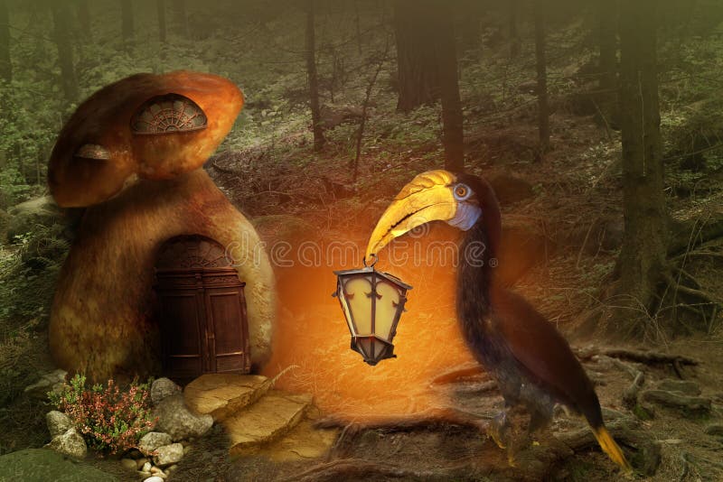 tła fantazi tekst pisze twój ptak z lampionem w swój belfrze w czarodziejskim lesie