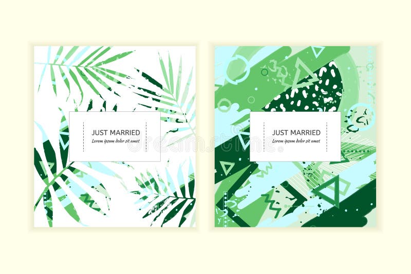 Wedding invitation card. Abstract trendy colors wedding invitation. Cards set with palm leaves and flowers. Universal floral cards. Wedding invitation card. Abstract trendy colors wedding invitation. Cards set with palm leaves and flowers. Universal floral cards.