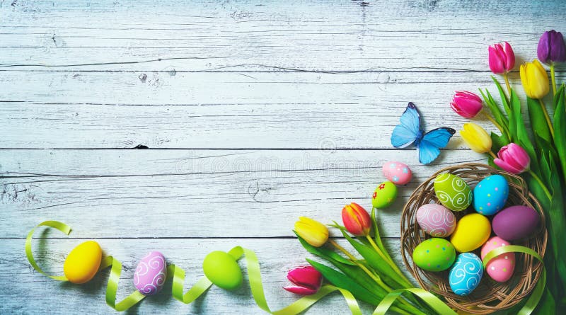Tło barwiący Easter jajek eps8 formata czerwony tulipanu wektor Kolorowi wiosna tulipany z motylami i p obraz royalty free