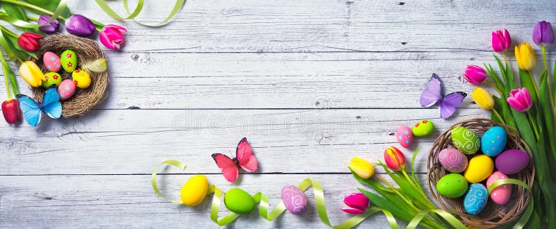 tło barwiący Easter jajek eps8 formata czerwony tulipanu wektor Kolorowi wiosna tulipany z motylami i p