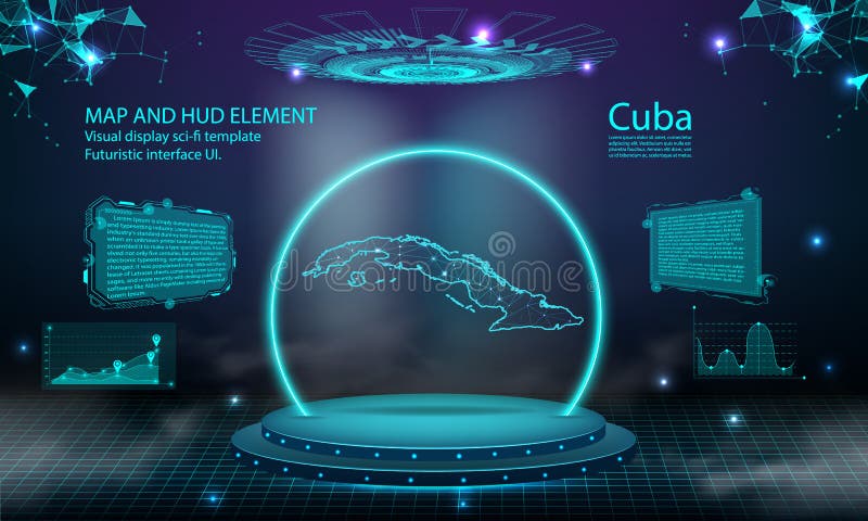 Tło efektu połączenia światła na mapie kuby. abstrakcyjny cyfrowy interfejs wirtualny ui gui futuristic hud z mapą kuby. ilustracji