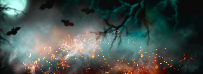 Fantasy Halloween Background. Beautiful dark deep forest backdrop with smoke, fire, vampire bats. Halloween magic holiday collage Art design, mysterious Frame. Copy space for your text. Wide screen. Fantasy Halloween Background. Beautiful dark deep forest backdrop with smoke, fire, vampire bats. Halloween magic holiday collage Art design, mysterious Frame. Copy space for your text. Wide screen