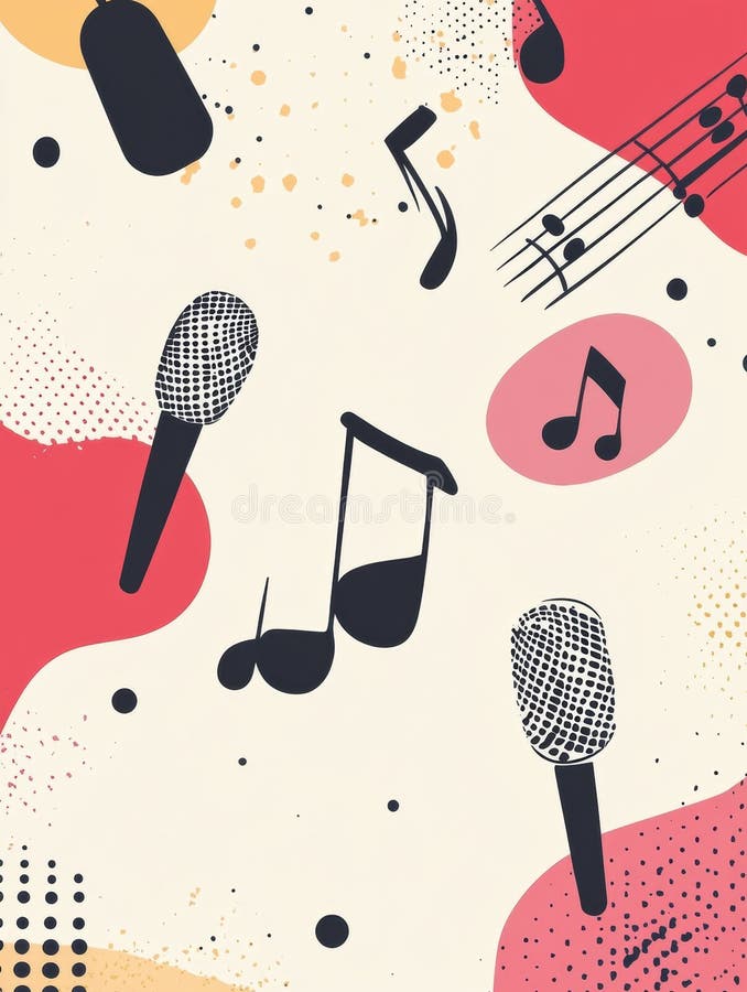 Tło inspirowane pop-inspirowane twórczym minimalistą K, przedstawiające nuty muzyczne i mikrofony w żywych kolorach. Generacyjna A obrazy royalty free