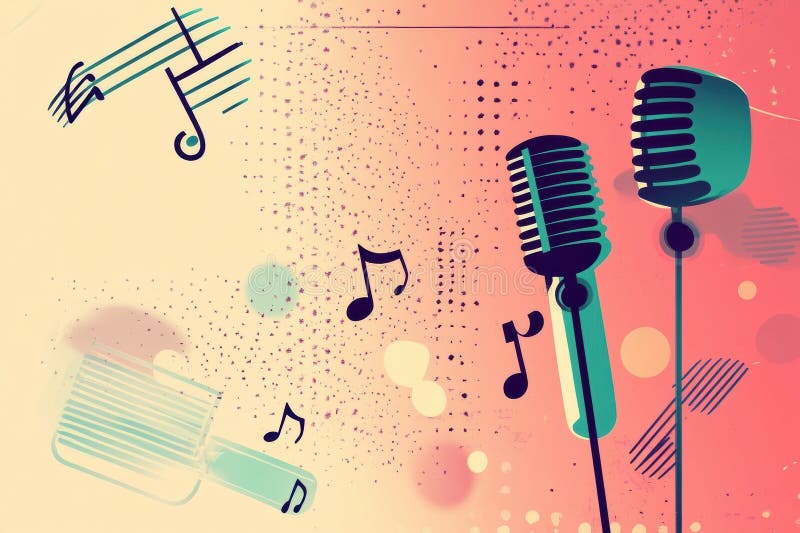 Tło inspirowane pop-inspirowane twórczym minimalistą K, przedstawiające nuty muzyczne i mikrofony w żywych kolorach. Generacyjna A zdjęcia royalty free