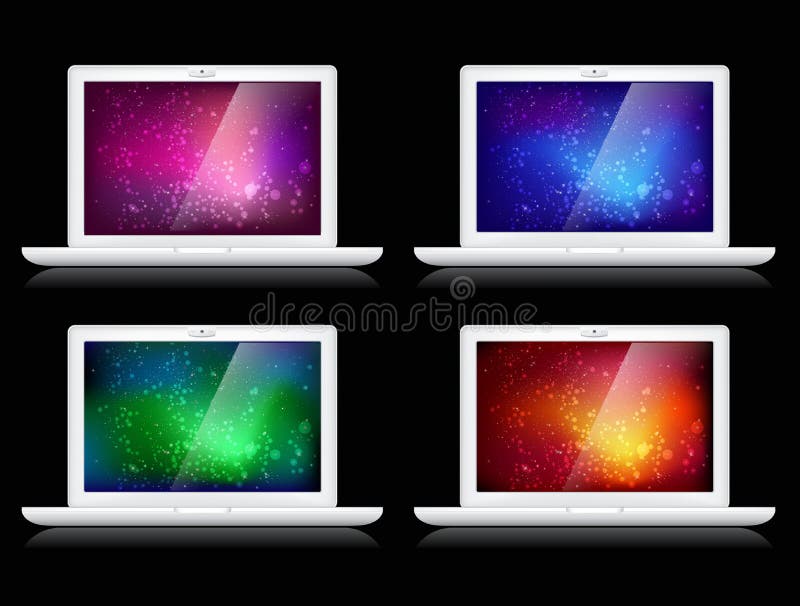 Vector laptops isolated on black - with shiny colorful backgrounds in red, green, blue, orange colors. Vector laptops isolated on black - with shiny colorful backgrounds in red, green, blue, orange colors