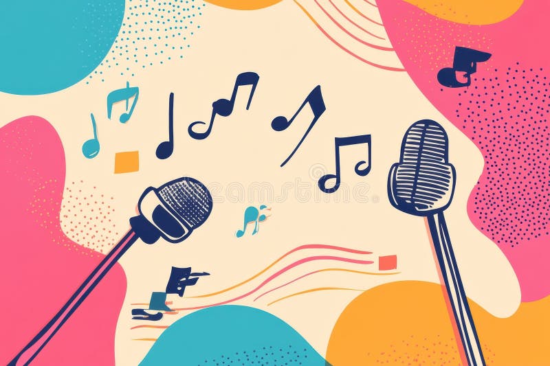 Tło muzyczne z elementami K pop z kolorowymi nutami i mikrofonami. Generacyjna AI obraz royalty free