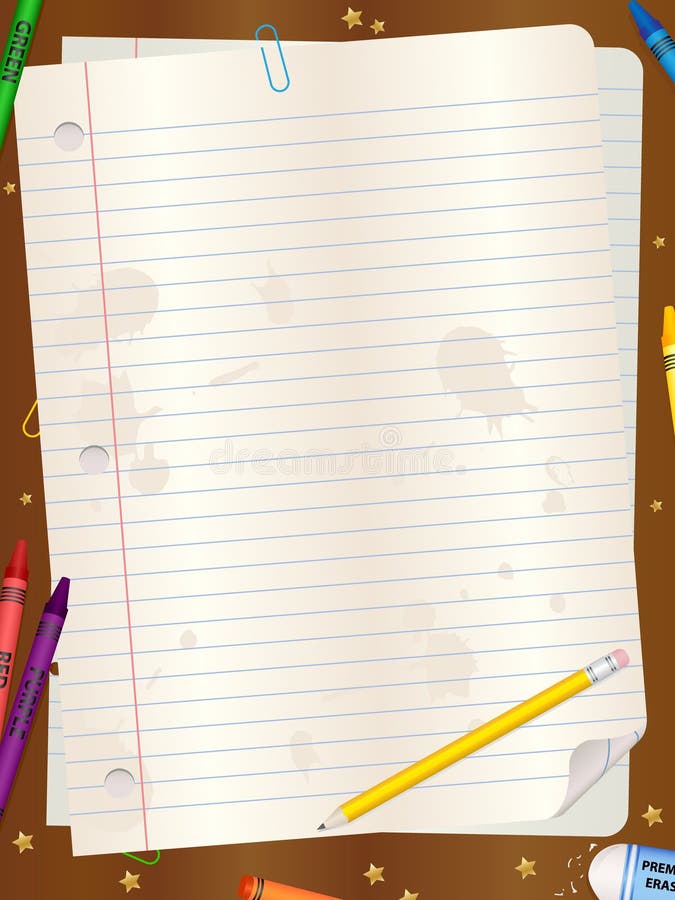 An illustration of a blank paper background with crayons, pencils and other stationery. An illustration of a blank paper background with crayons, pencils and other stationery.