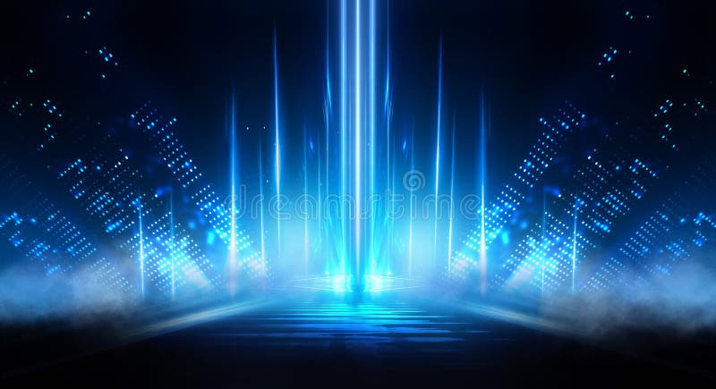 Tło pustego pokazu etapu Neonowy niebieski i fioletowy pokaz światła i lasera Futurystyczne kształty laserowe na ciemnym tle Stre fotografia royalty free